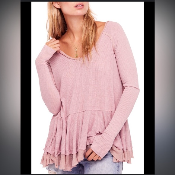 We The Free Peplum V Neck Ribbed Top Maroon Long Sleeve Raw Edges Detail - Picture 13 of 13